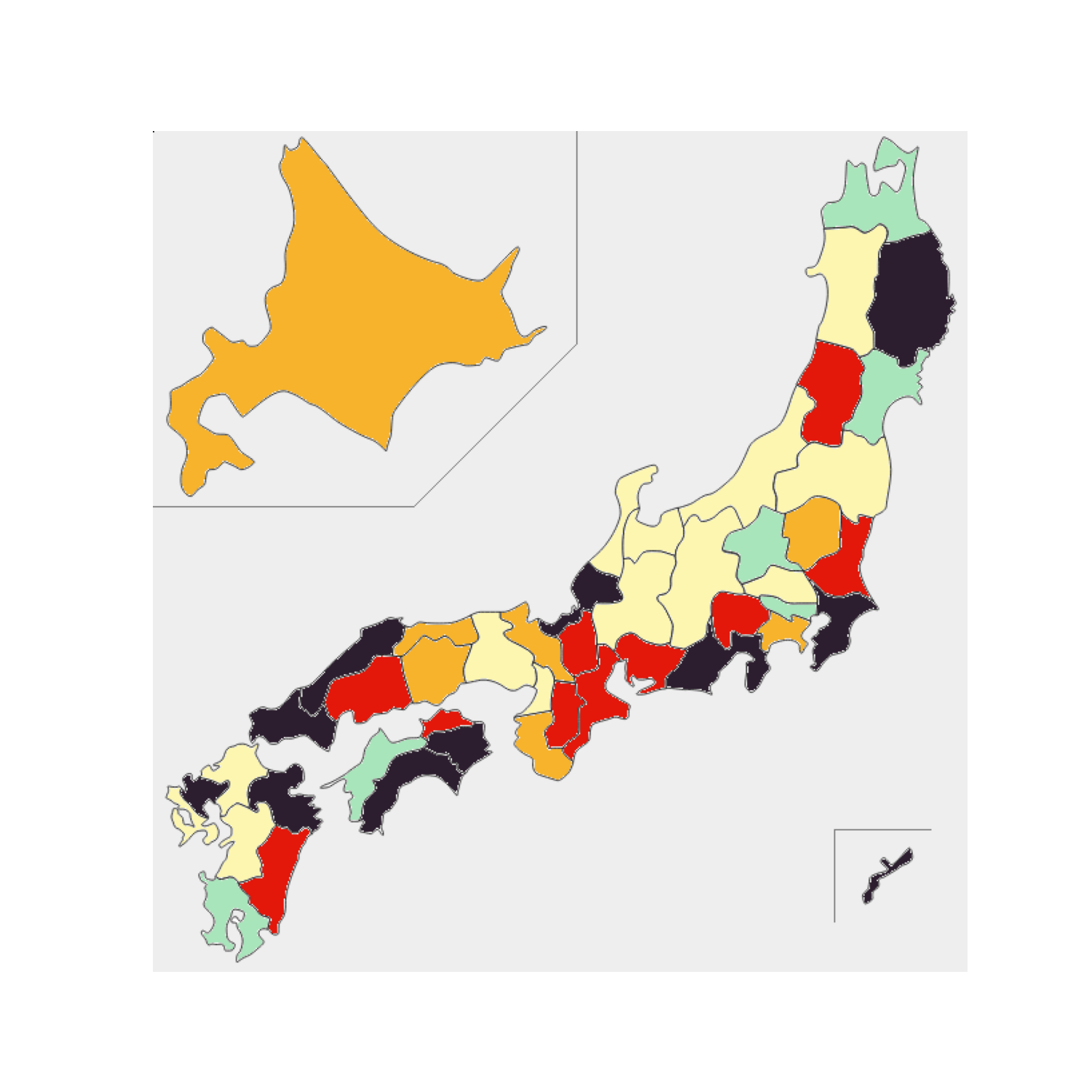 入力：{‘北海道’: ‘#2d1e2f’, ‘青森’: ‘#2d1e2f’, ‘岩手’: ‘#f7b32b’, ‘宮城’… (figura)